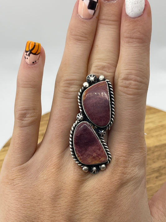 Adjustable 2 Stone Purple Spiny Oyster Shell ring by Eugene Belone, Navajo
