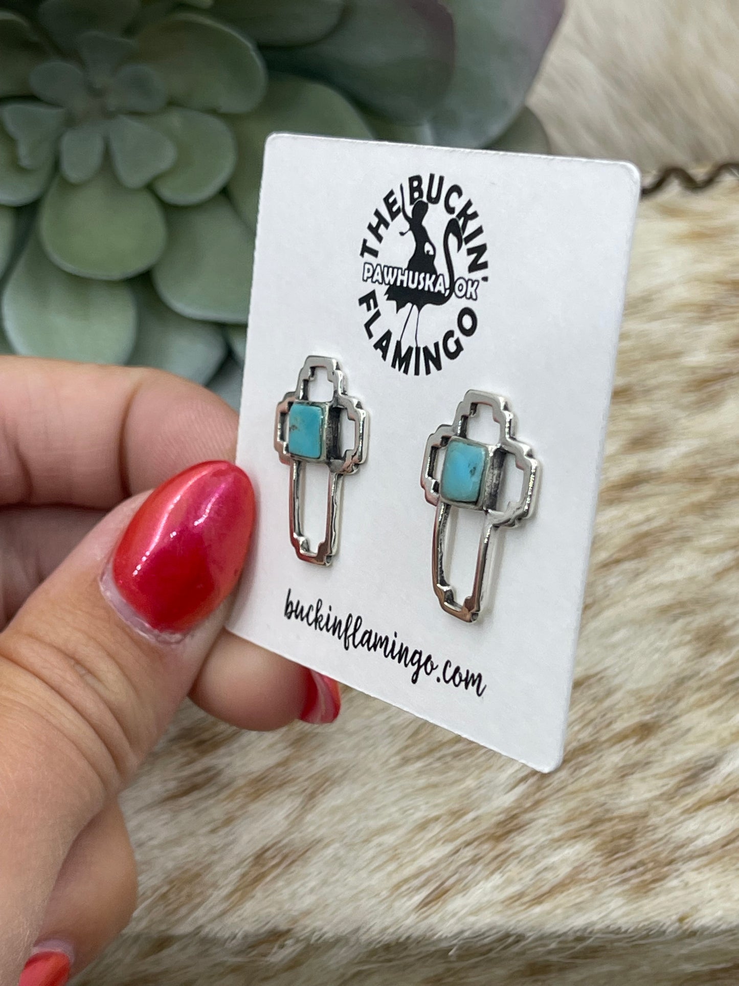 Turquoise Inlay Cross Post Earrings