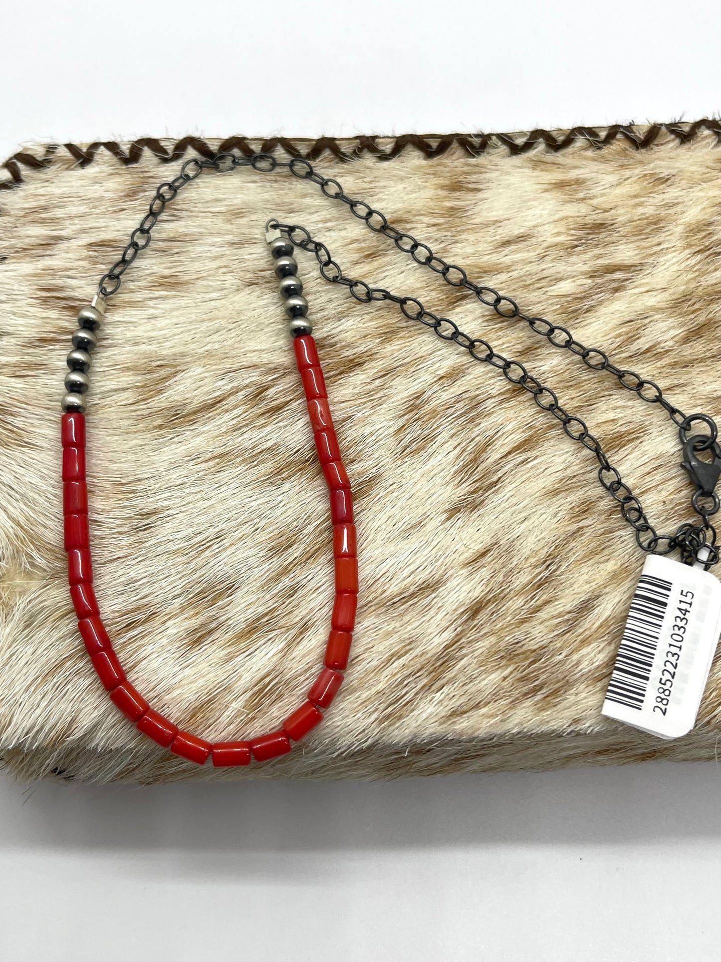18" Red Coral and Navajo Pearls Beaded Chain Necklace