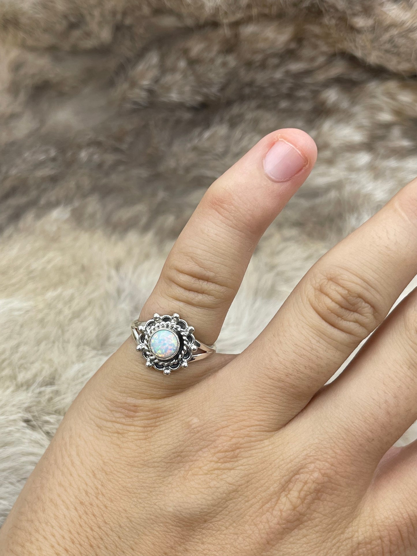9.0 Single Stone White Opal Ring by Theresa Smith, Navajo