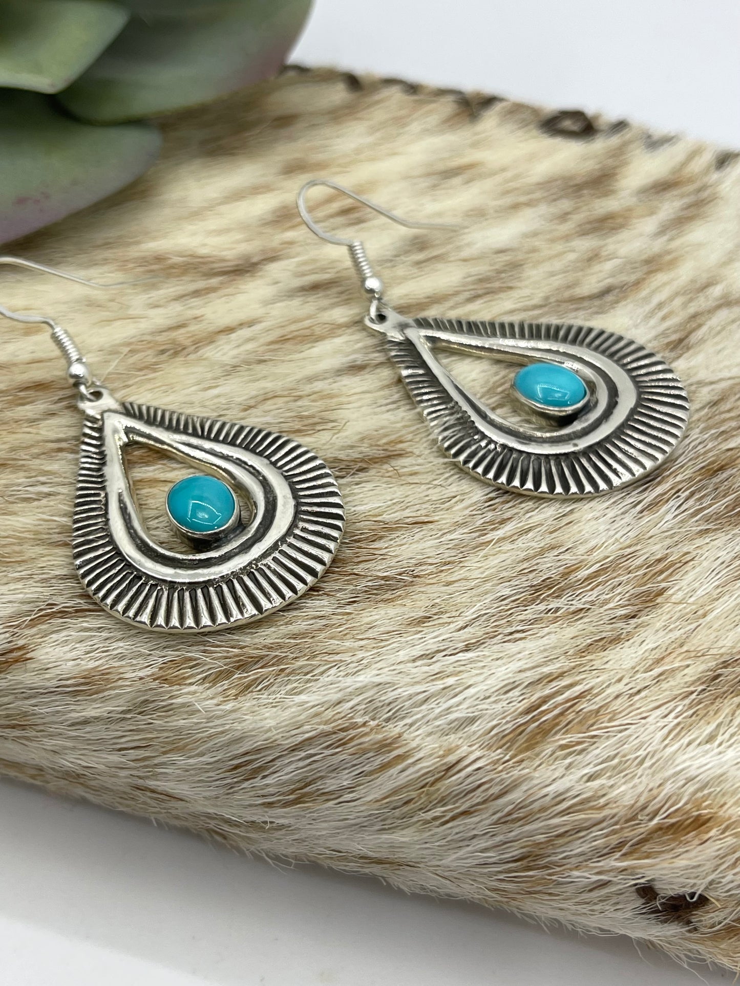 LOT 62 A 1/4 Stamped Teardrop Earrings with Turquoise
