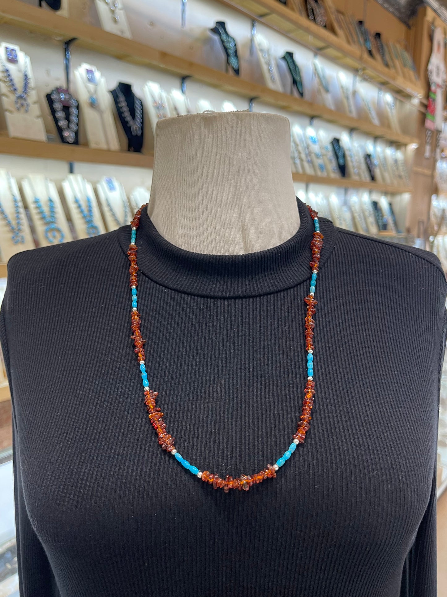 26" Amber & Turquoise Necklace by Tammy Nolcotte, Navajo