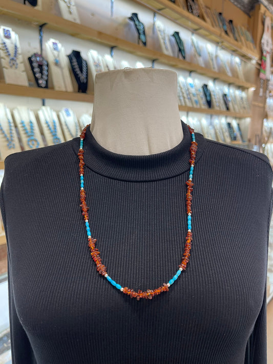 26" Amber & Turquoise Necklace by Tammy Nolcotte, Navajo