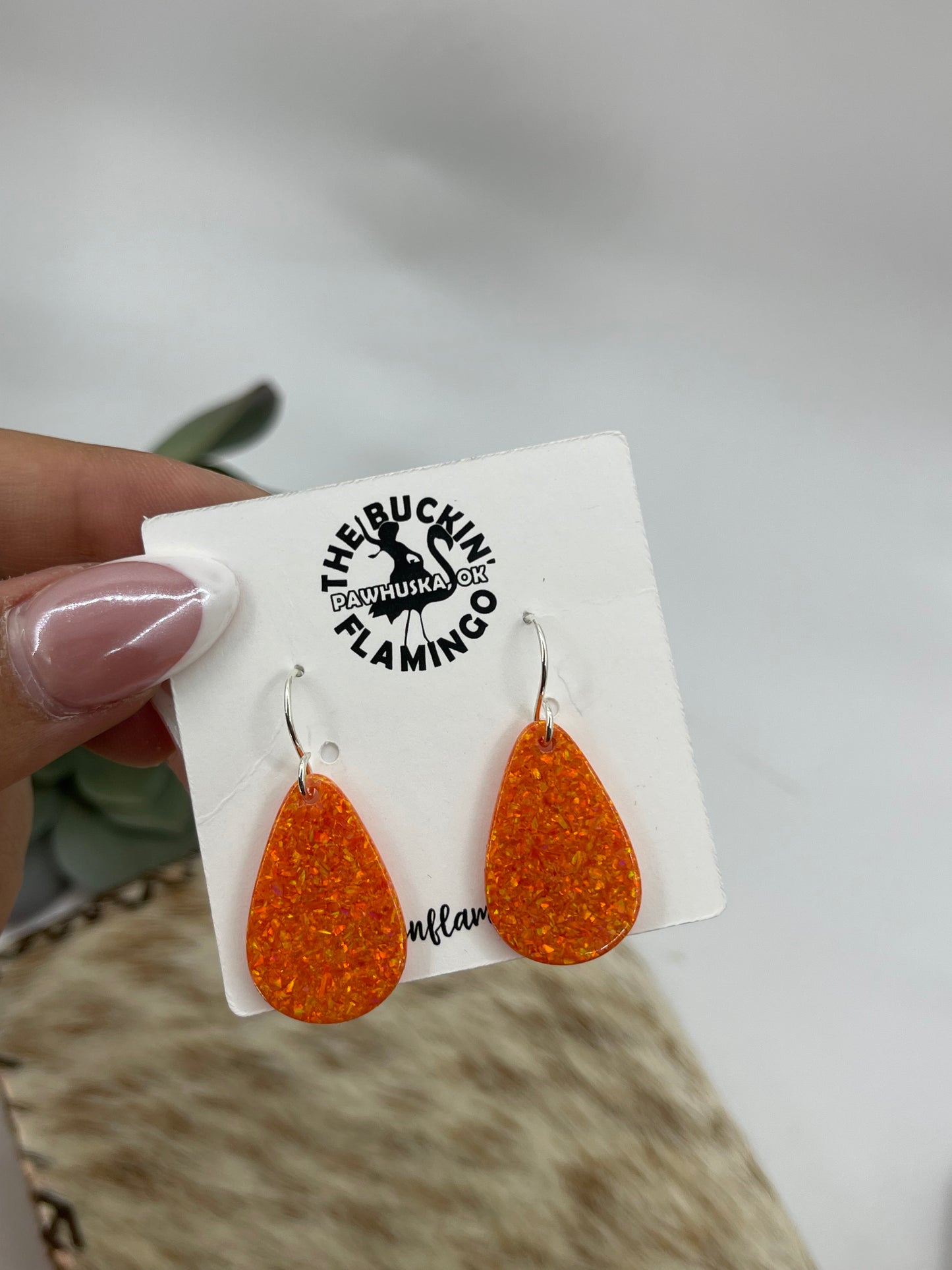 Orange Opal Teardrop Slab Dangle Earrings