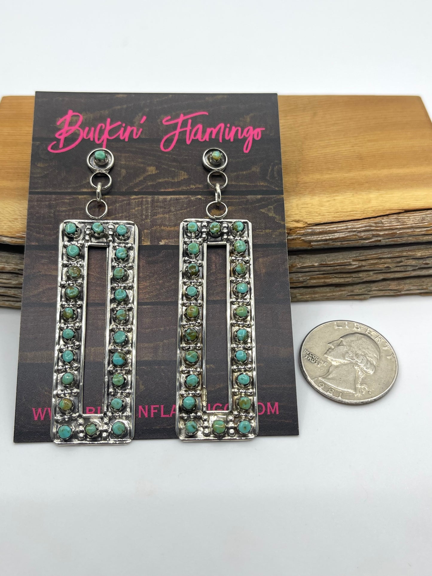 Turquoise Picture Frame Post Dangle Earrings by Marlon Quam, Zuni