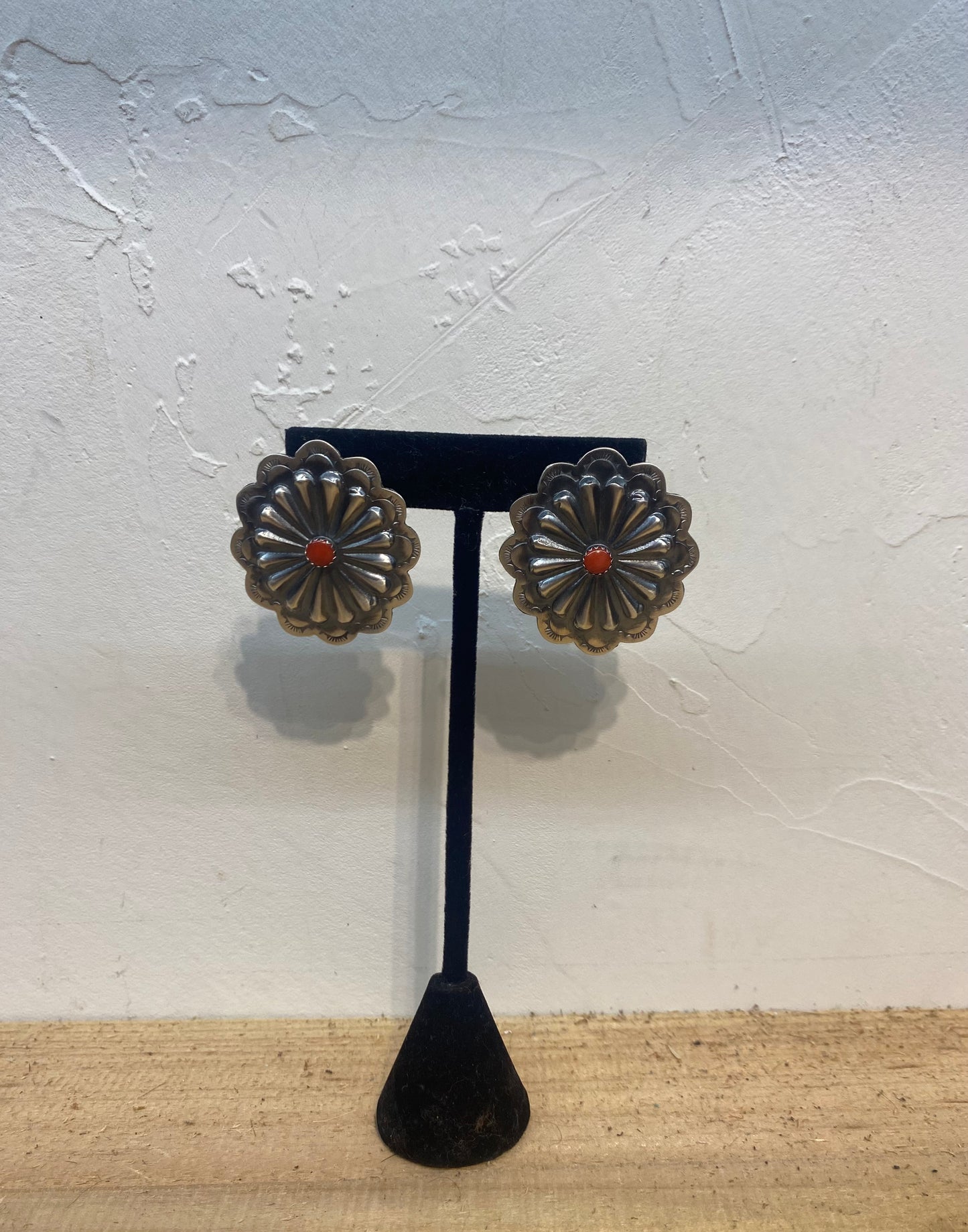 Hand Stamped Sterling Silver Concho with Coral Earrings by Rita Daye