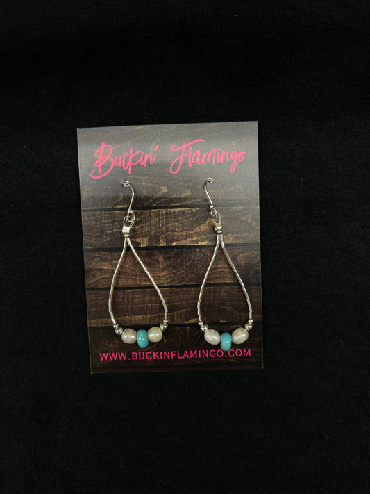 Freshwater Pearls and Turquoise Liquid Silver Teardrop Dangle Earrings