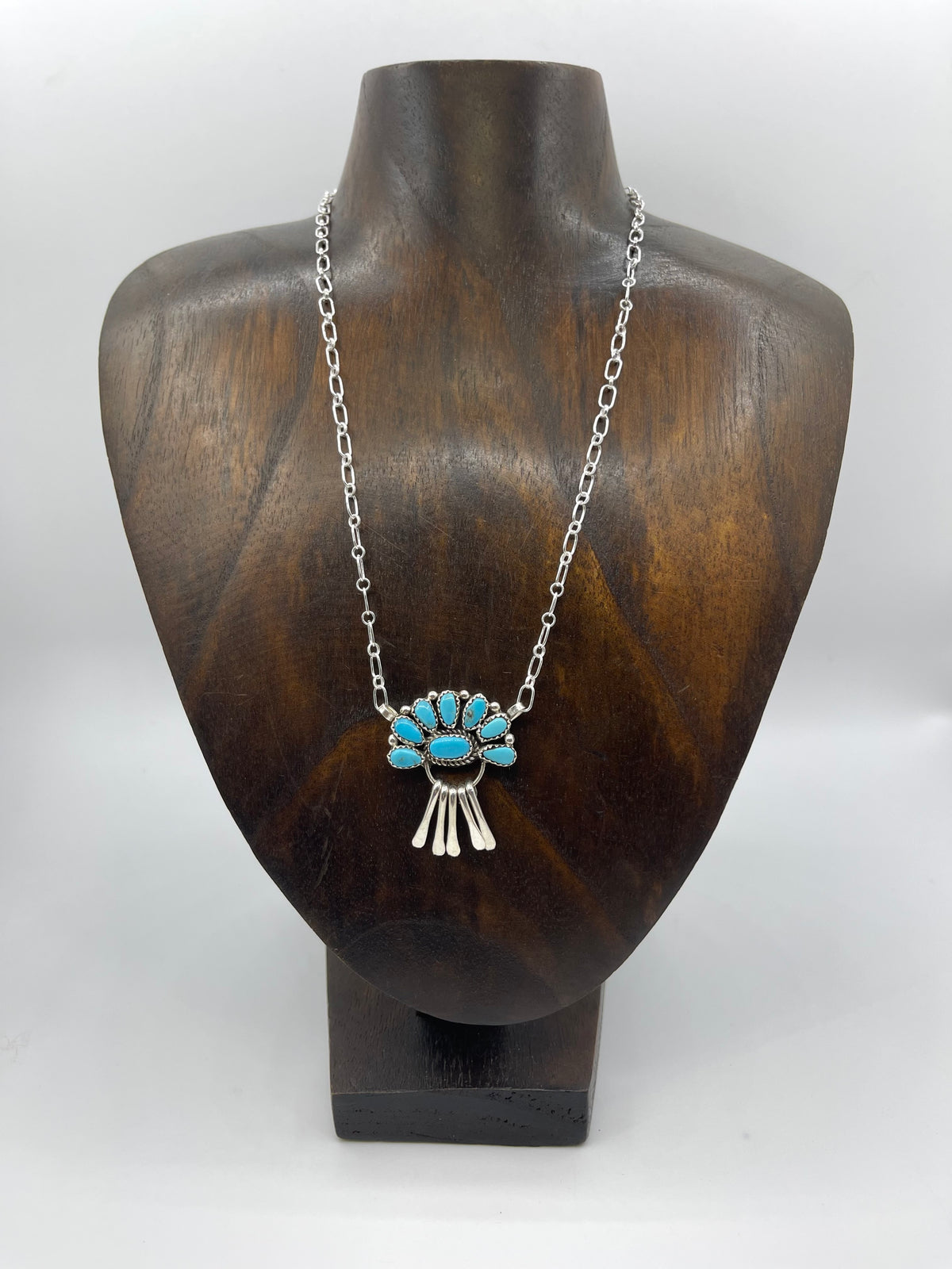 16" Half Cluster Necklace w/Fringe Kingman Turquoise by Justina Wilson, Navajo