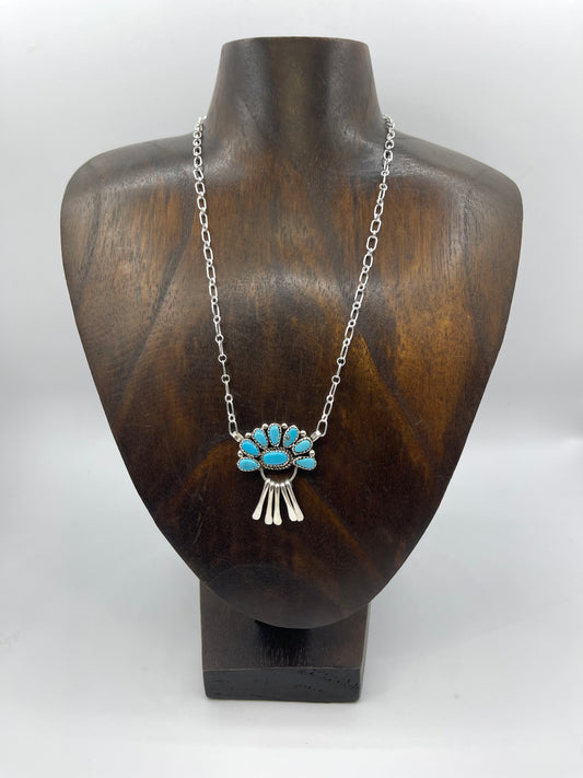 16" Half Cluster Necklace w/Fringe Kingman Turquoise by Justina Wilson, Navajo