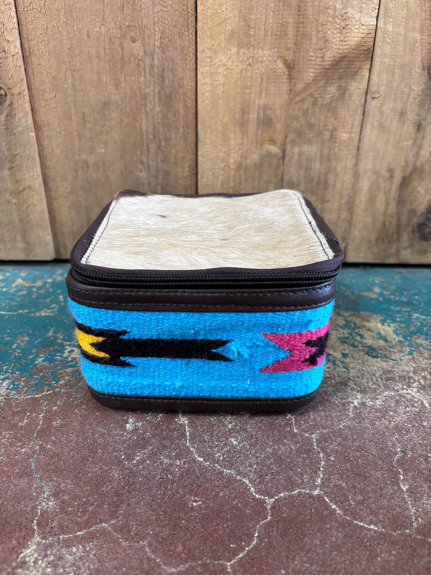 Small Square Tan Cowhide Blue Knitted Jewelry Box
