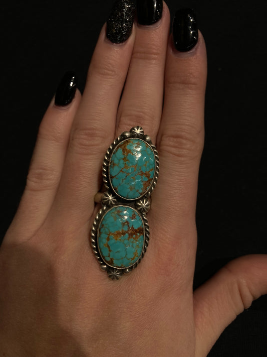 Adjustable 8.0-11.0 2 Stone Turquoise Ring by Alfred Martinez, Navajo