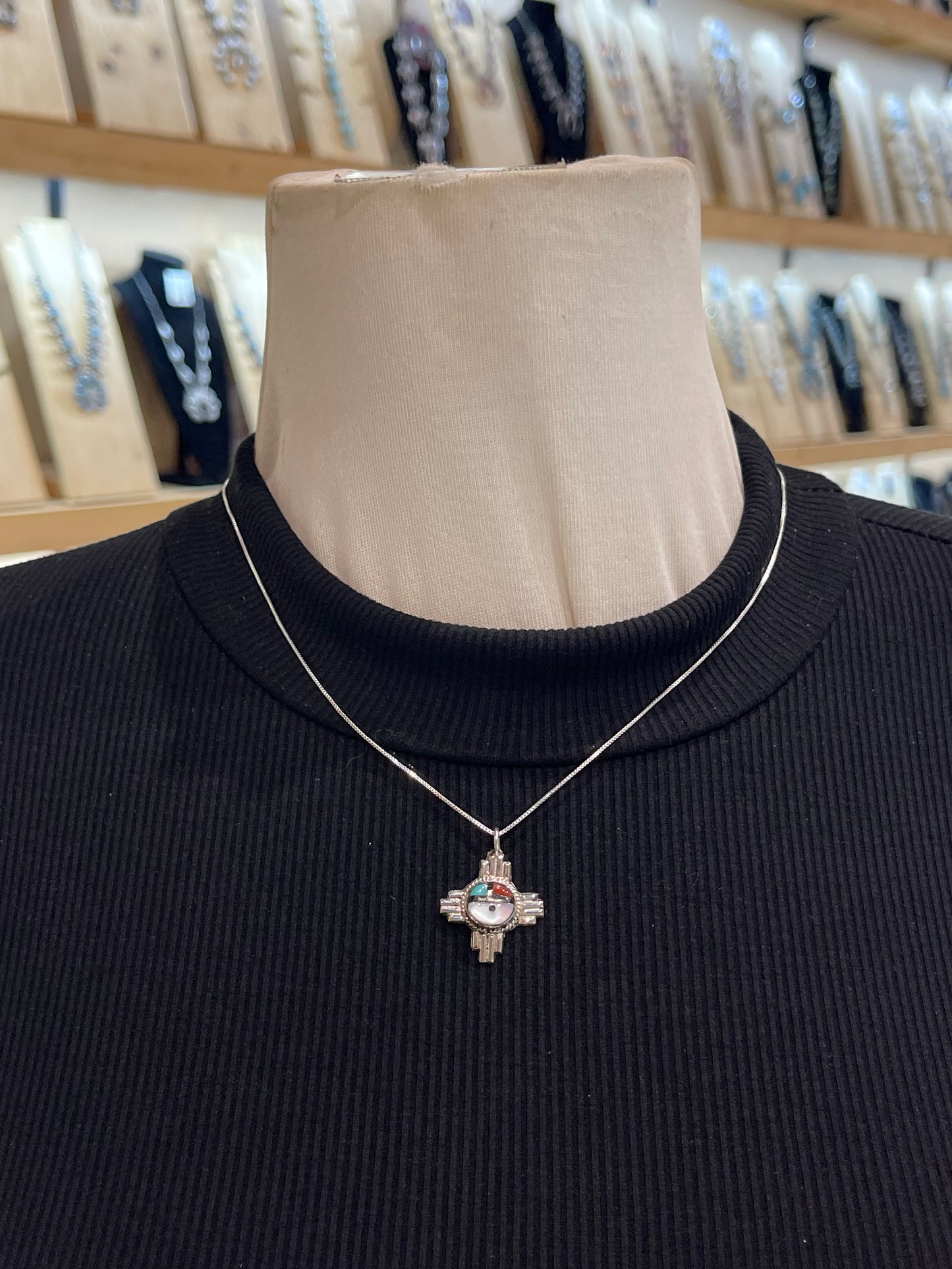 18” Chain and Zia Symbol with Zuni Sunday Pendant by Clifford Cheama, Zuni