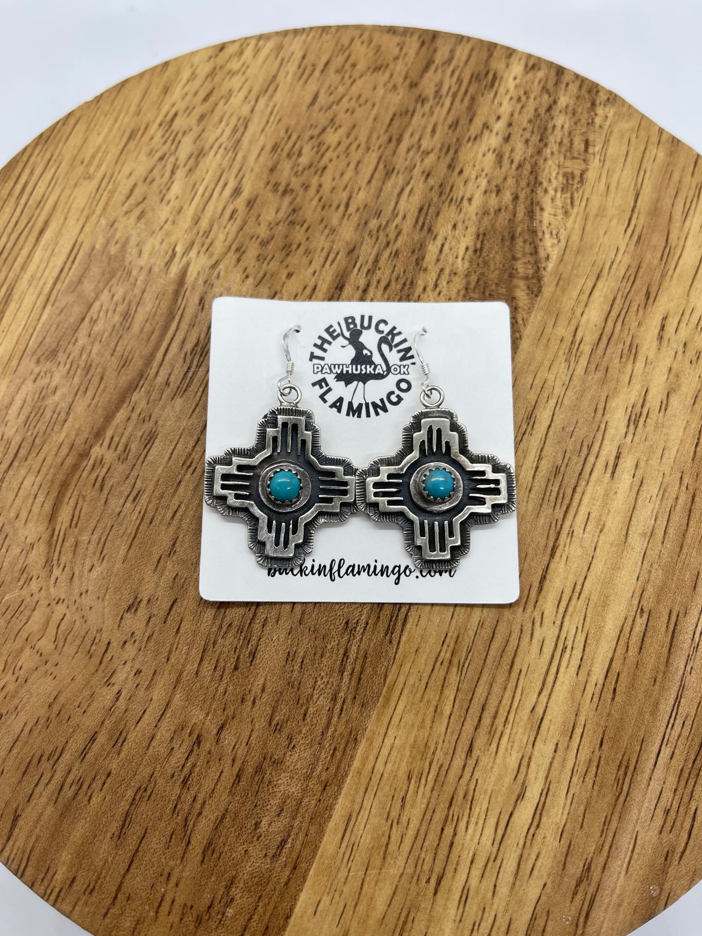 Turquoise Zia Symbol Silver Overlay Dangle Earrings by Kenny Lonjose, Navajo