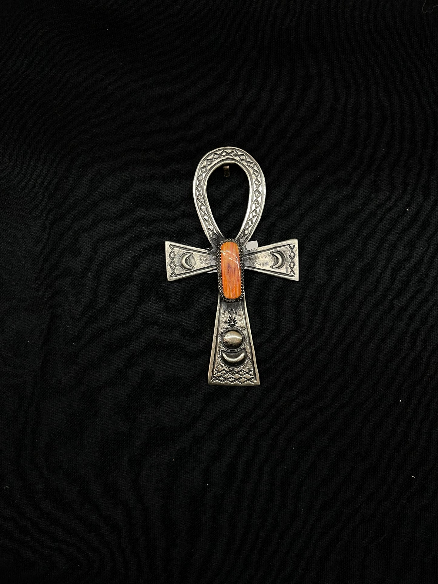 Orange Spiny Oyster Shell Cross Pendant with Shepards Hook by Martha Cayatineto, Navajo