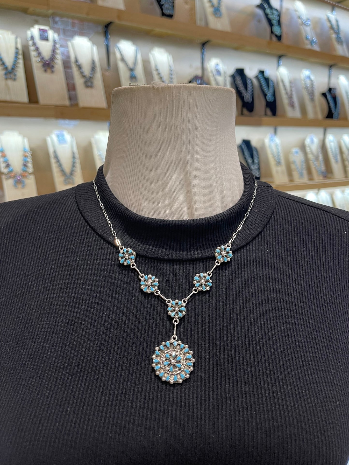18” + 2” Drop Dainty Zuni Petit Point Cluster Lariat Necklace & Earring Set by Tricia Leekity, Zuni