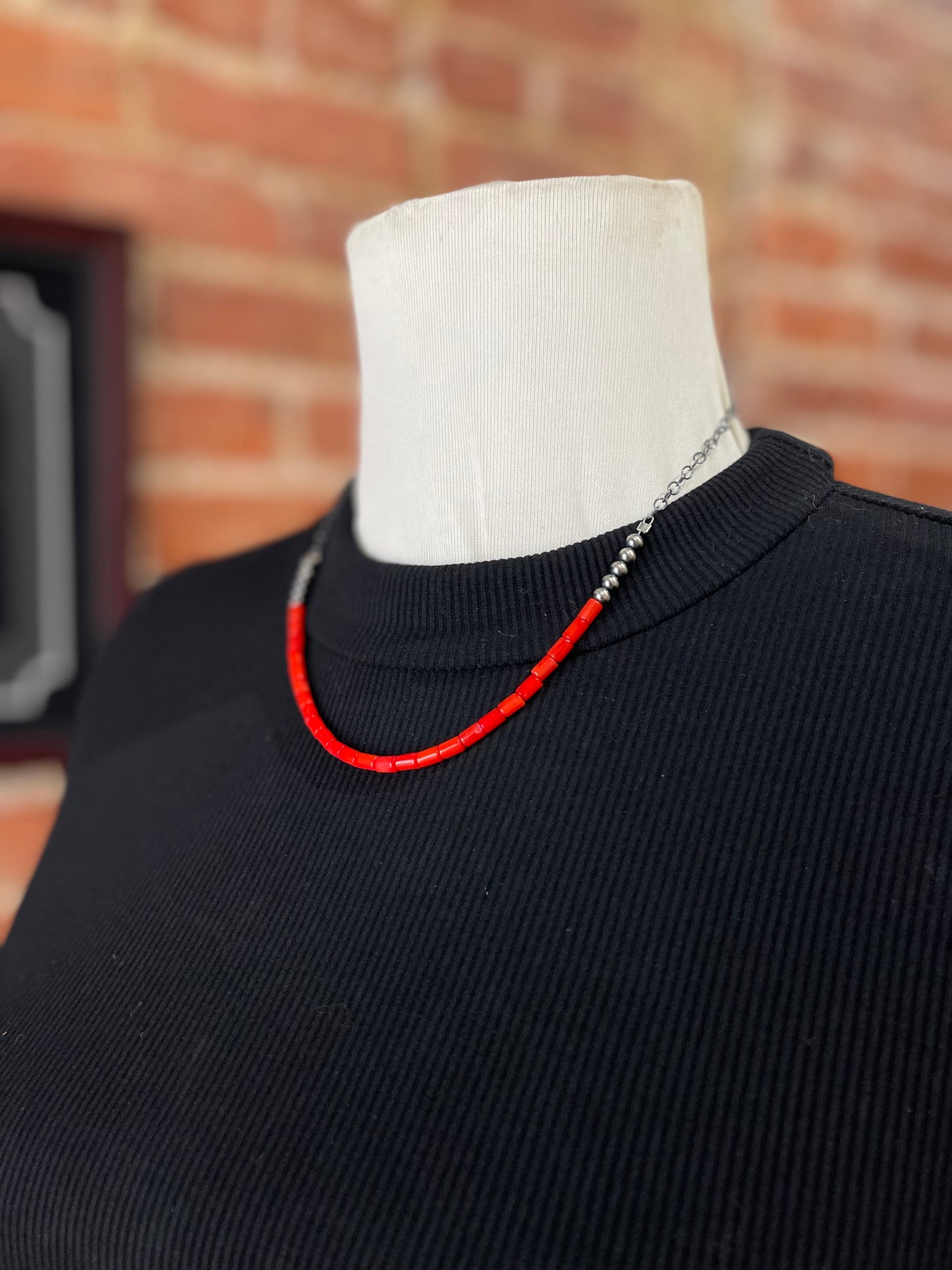 18" Red Coral and Navajo Pearls Beaded Chain Necklace