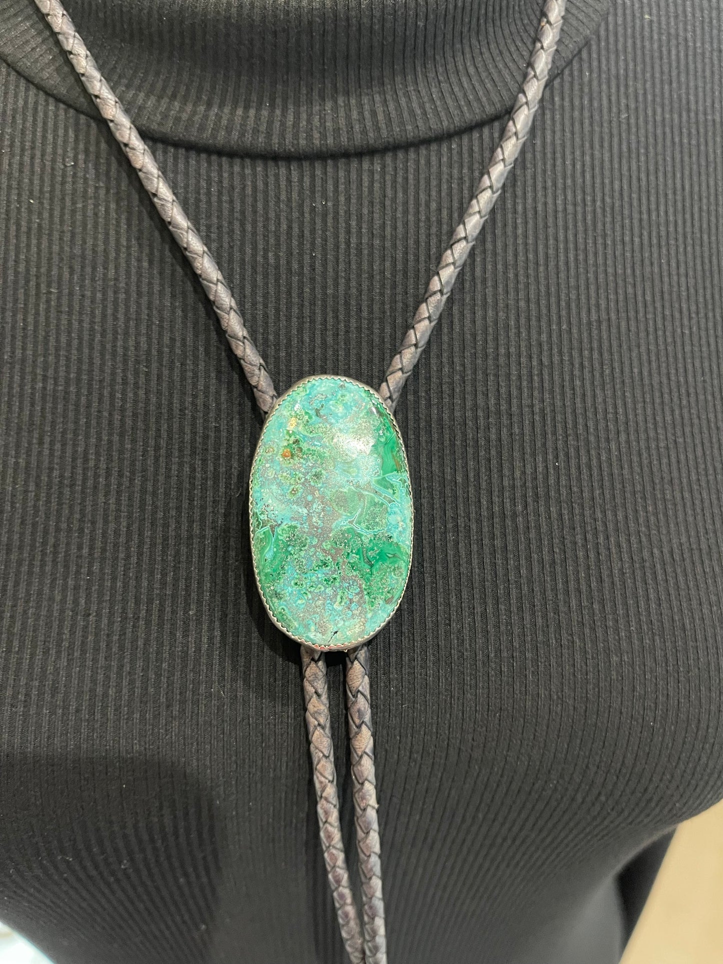 Chrysocolla Malachite Bolo Tie by Carrie Cannon, Kiowa