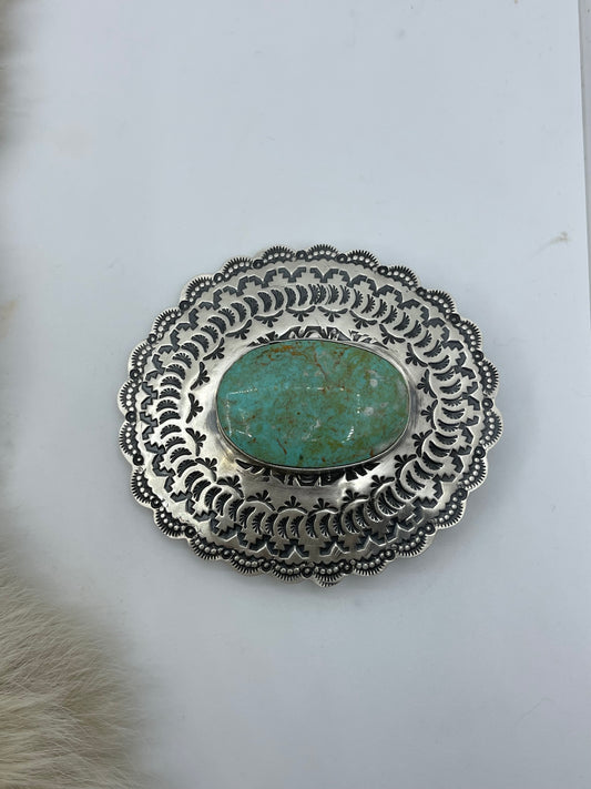 LOT 80 B 8/30 Kingman Turquoise Stamped Belt Buckle by Rick Enriquez, Navajo