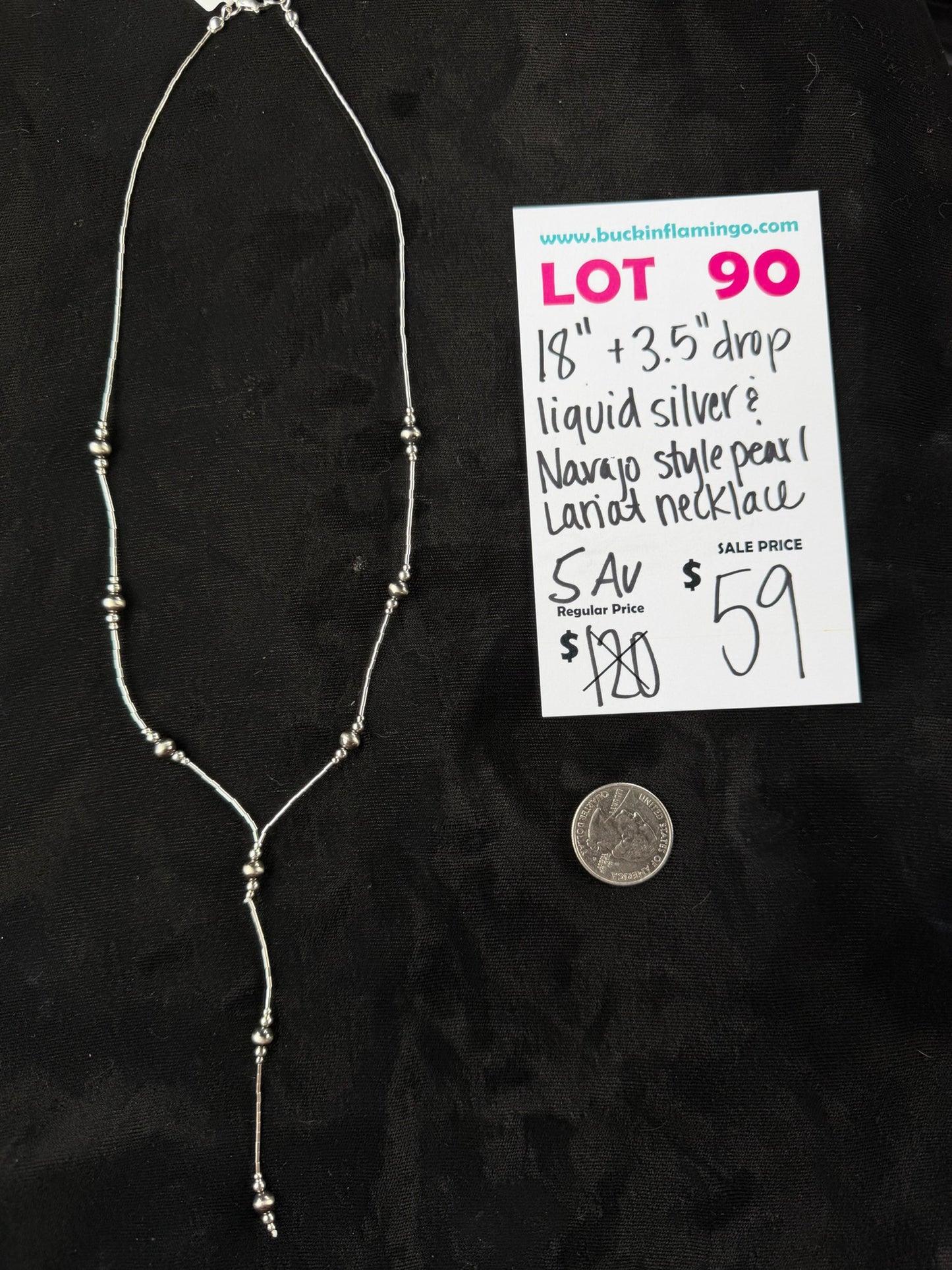 LOT 90 8/9 18" +3.65" Drop Liquid Silver & Navajo Style Pearl Lariat Necklace