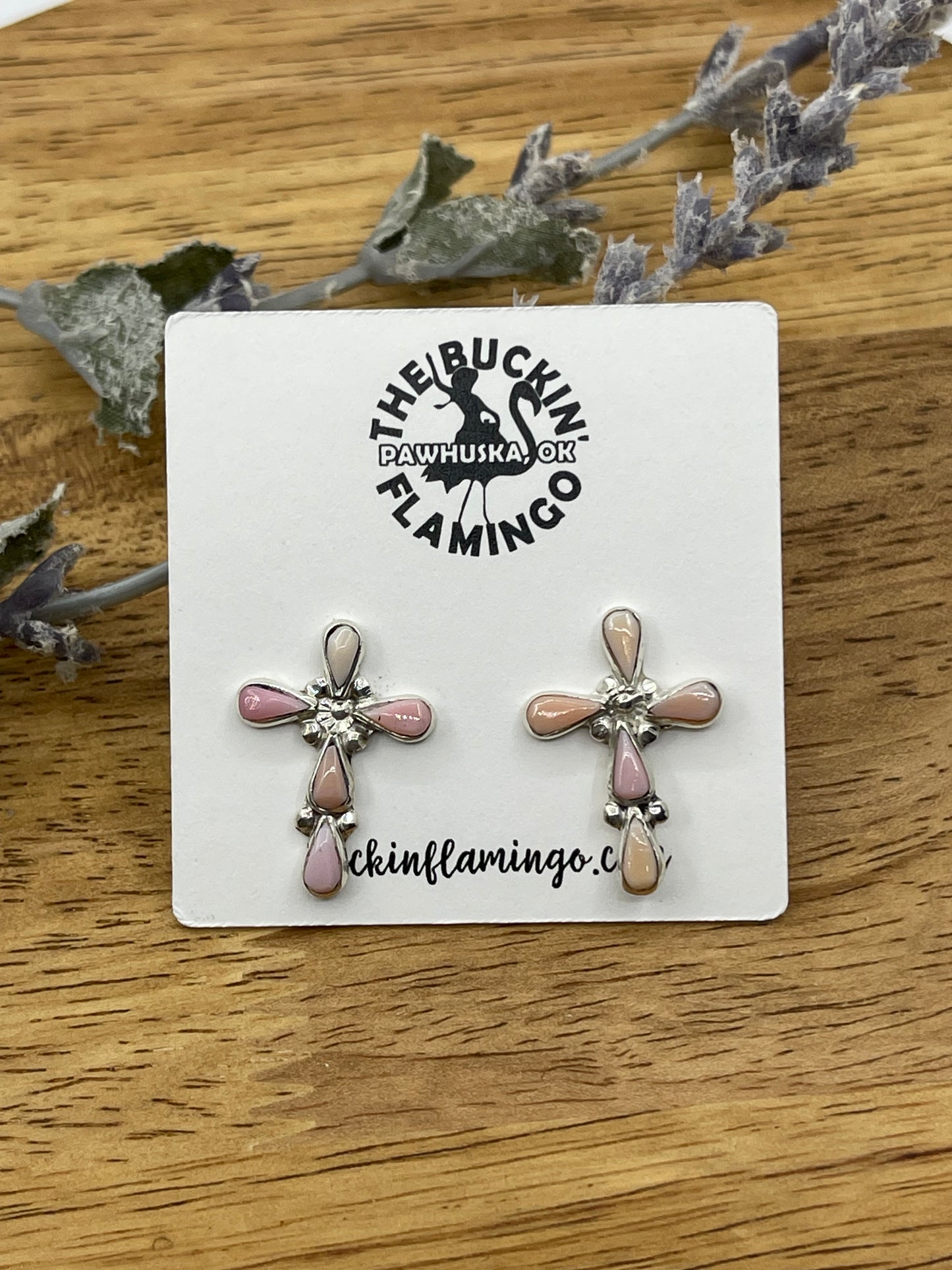 Pink Conch Shell Cross Post Earrings by Bryce Vacit, Zuni