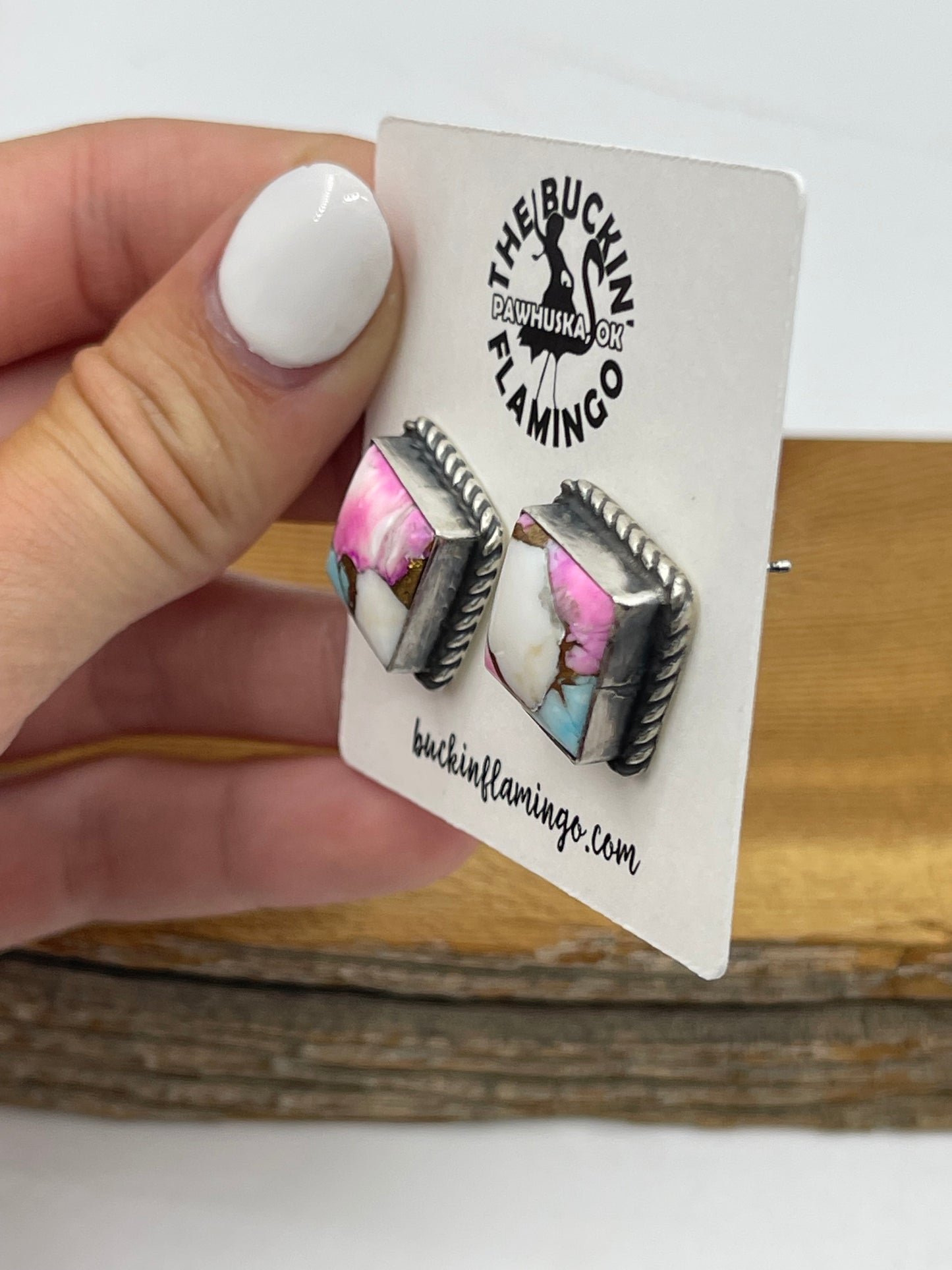 Cotton Candy Square Post Earrings by Eugene Belone, Navajo