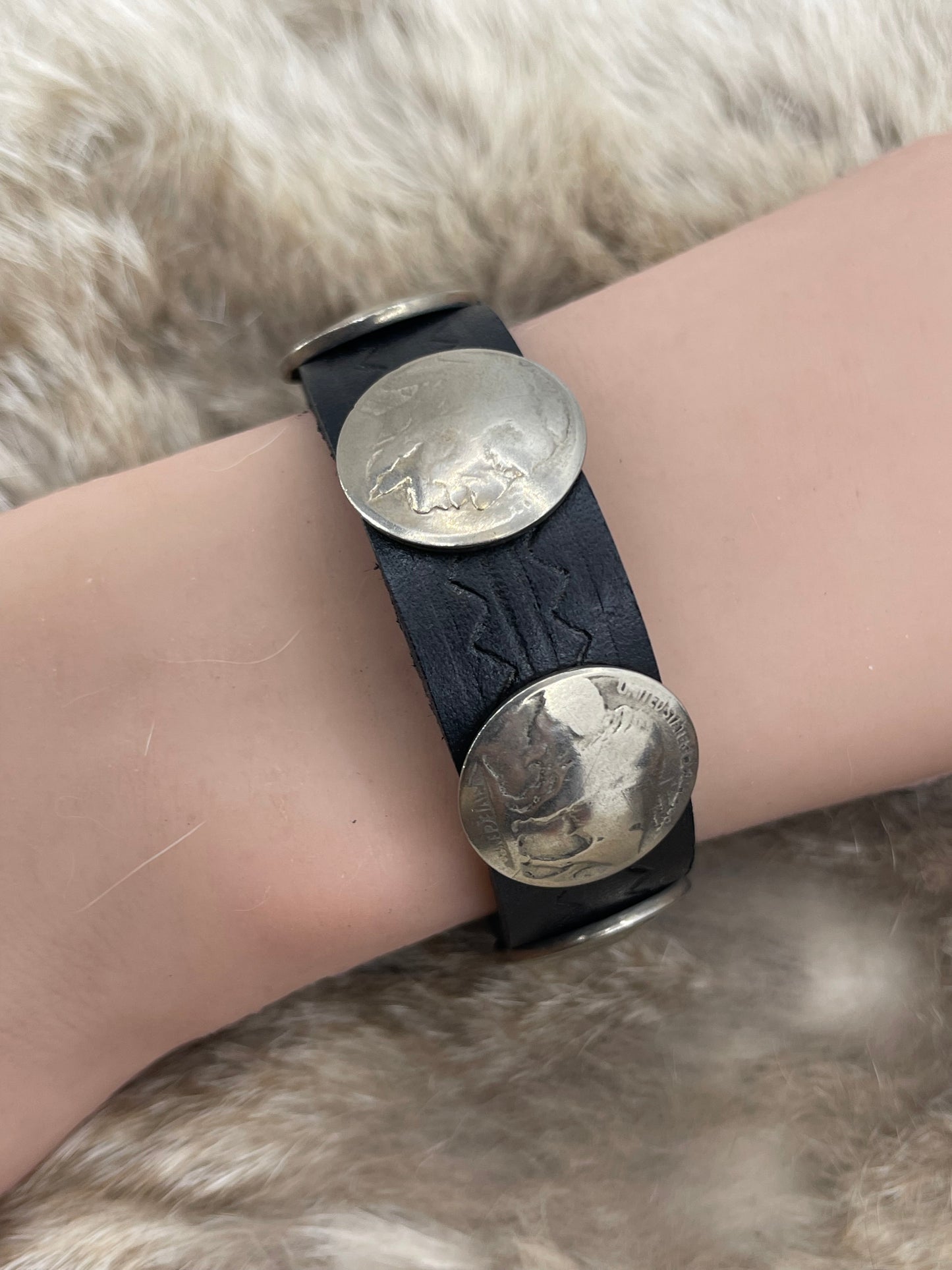 6" Buffalo Nickel on Black Leather