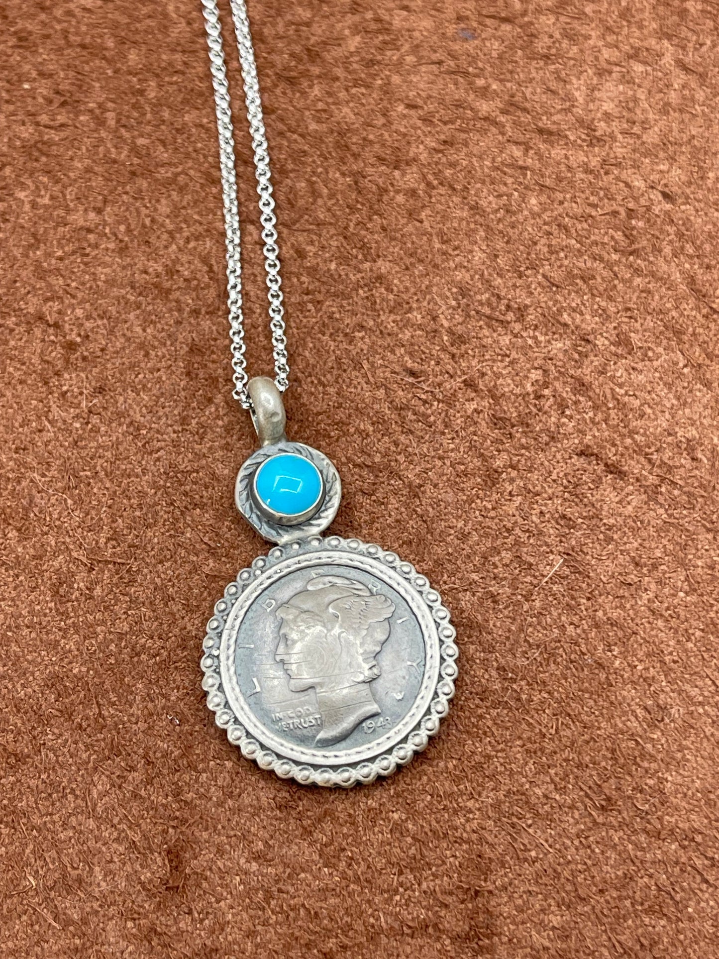 18" Silver Dime with Turquoise Stone Pendant Necklace with a 4mm Bale
