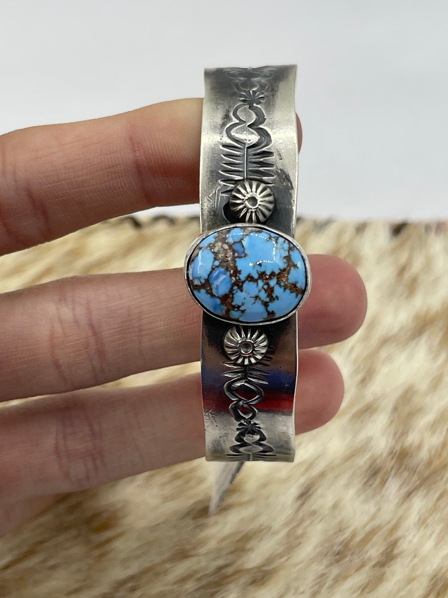 Golden Hills Turquoise Stamped Cuff by Jeff largo, Navajo