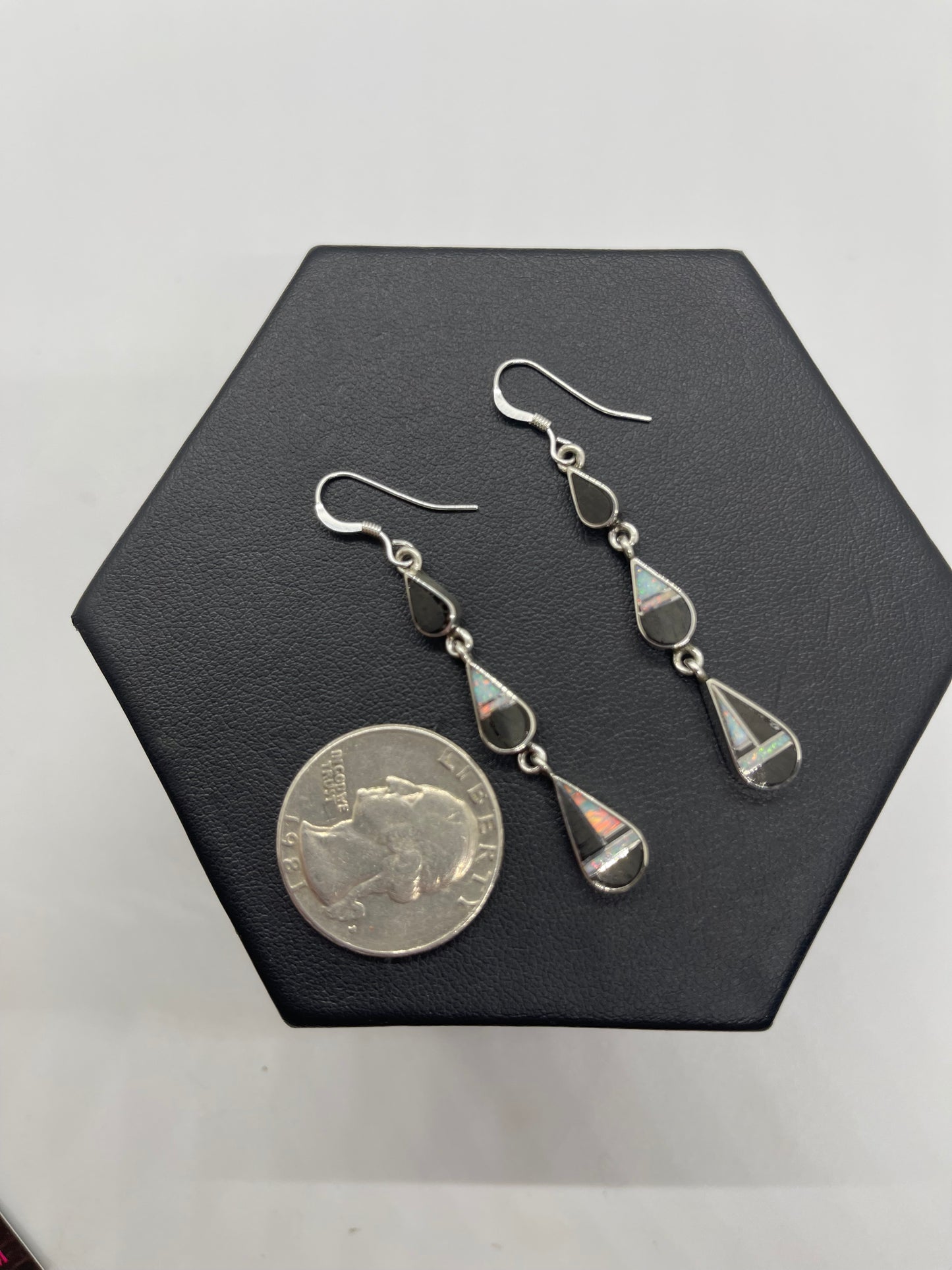 Black Onyx and White Opal Inlay 3 Stone Dangle Earrings by James Manygoats, Navajo