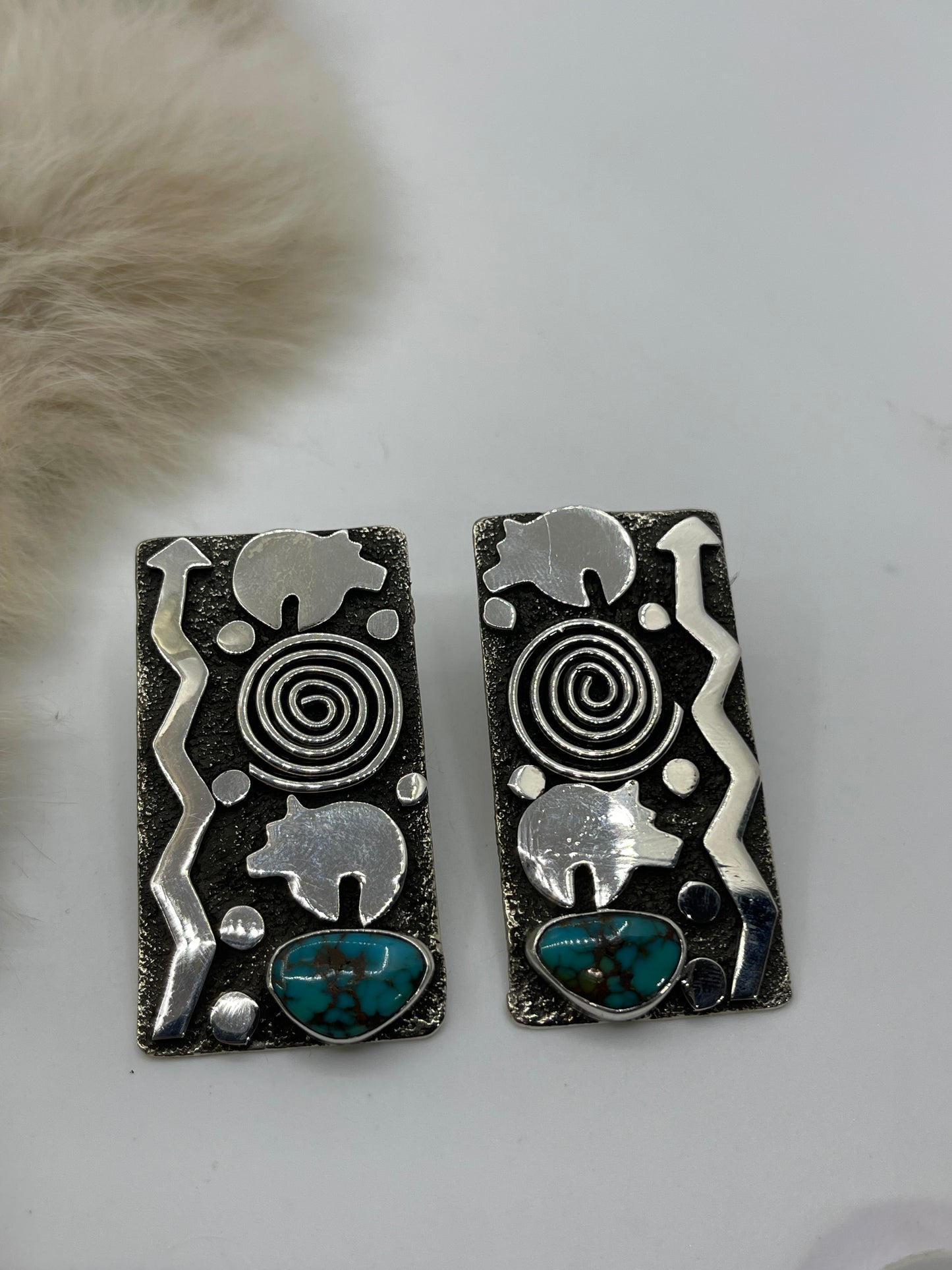 Big Rectangle Petroglyph Earrings with Oval Turquoise by Alex Sanchez, Navajo
