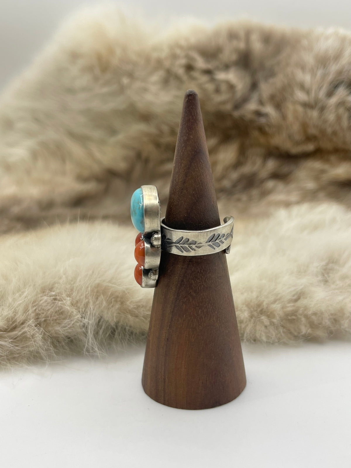 Adjustable 7.0-9.0 Turquoise & Red Coral Ring