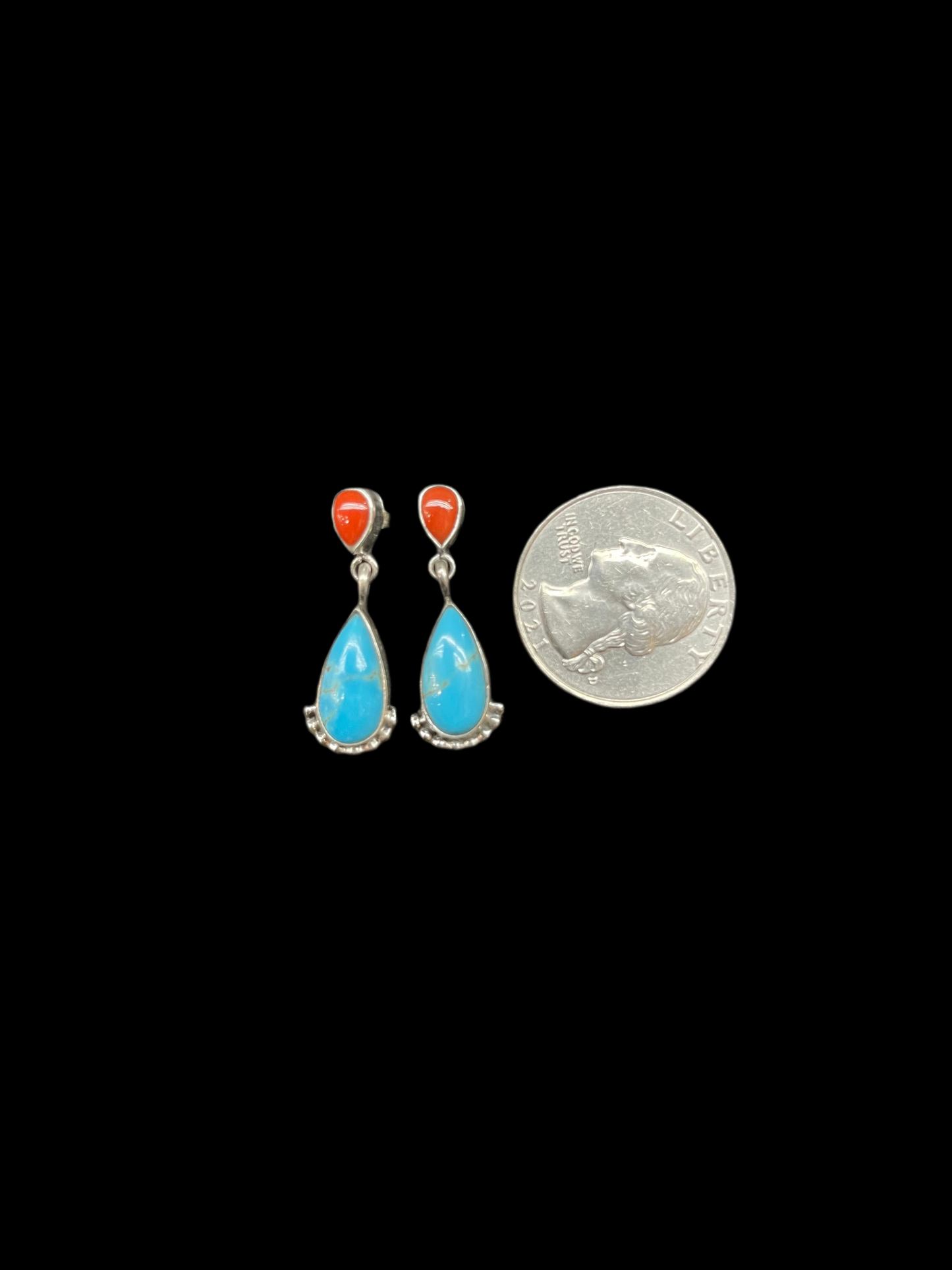 Coral & Turquoise Post Dangle Earrings by Verley Betone,Navajo