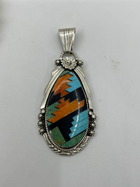 Multi Stone Inlay Teardrop Pendant with a 4.6mm Bale by Clayton Tom, Navajo