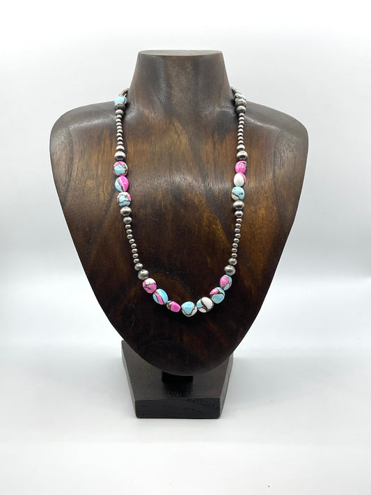 19" + 1" extender, Varied Size Navajo Style Pearls with Cotton Candy Beads