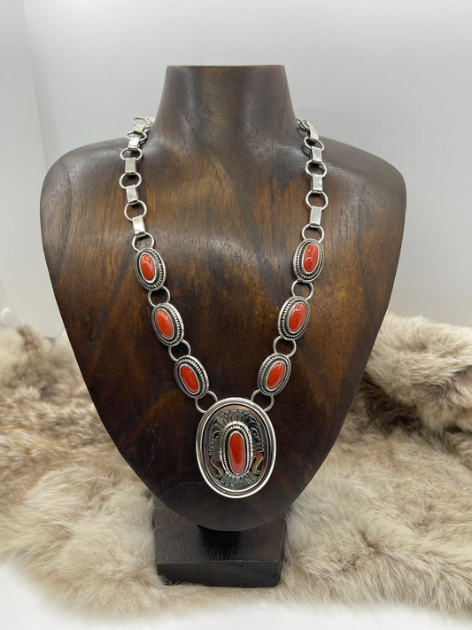 20" Red Coral Necklace Silver Overlay Design by Leonard Nez, Navajo