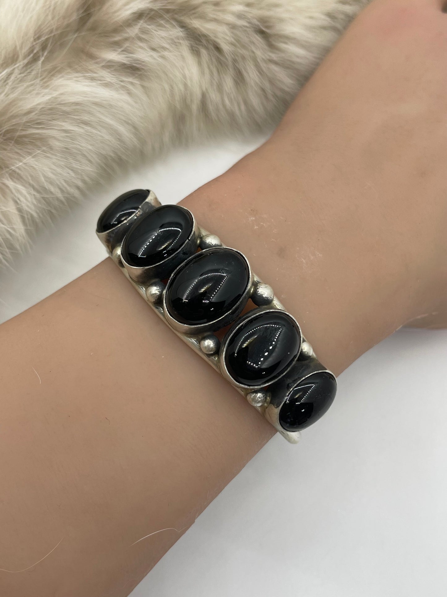 5.5" - 7" 5 Stone Black Onyx Cuff by Augustine Largo, Navajo