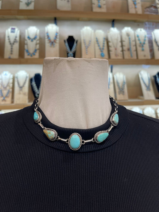 16" 5 Stone Kingman Turquoise Choker by Augustine Largo, Navajo