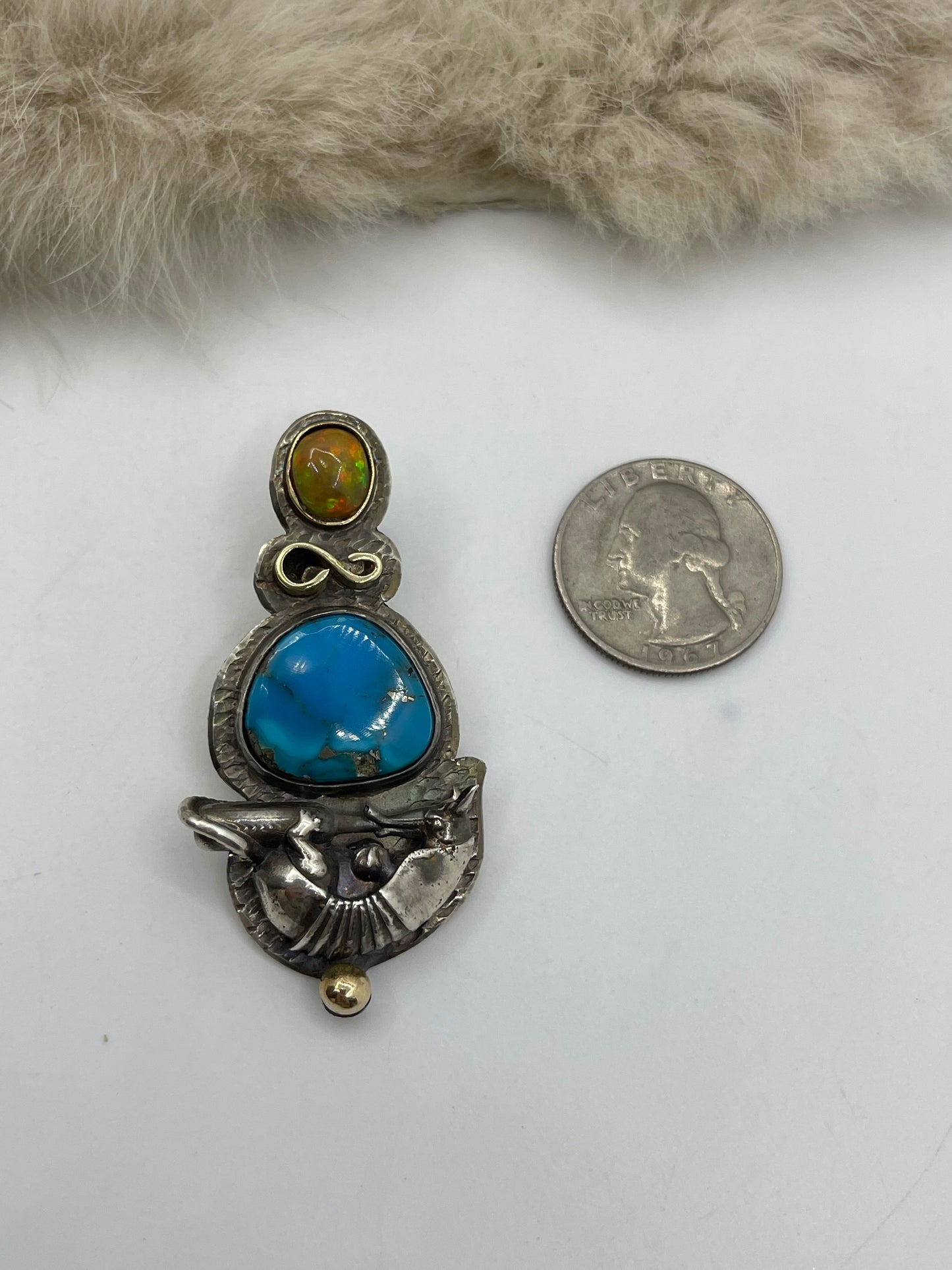 “Space Armadillo” 14k Gold & Sterling Blue Kingman Turquoise & Natural Opal by Bad Bronc
