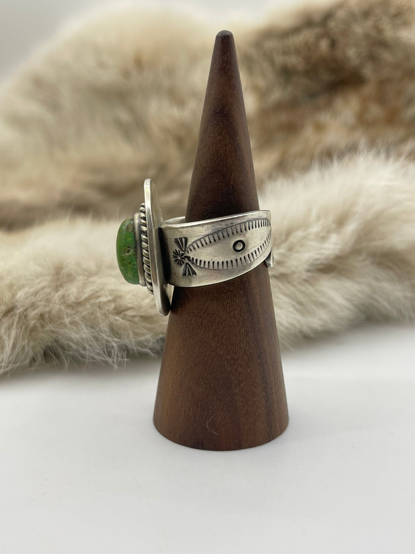 Adjustable 8.0-10.0 Green Turquoise Ring with Stamped Border Heavy Silver