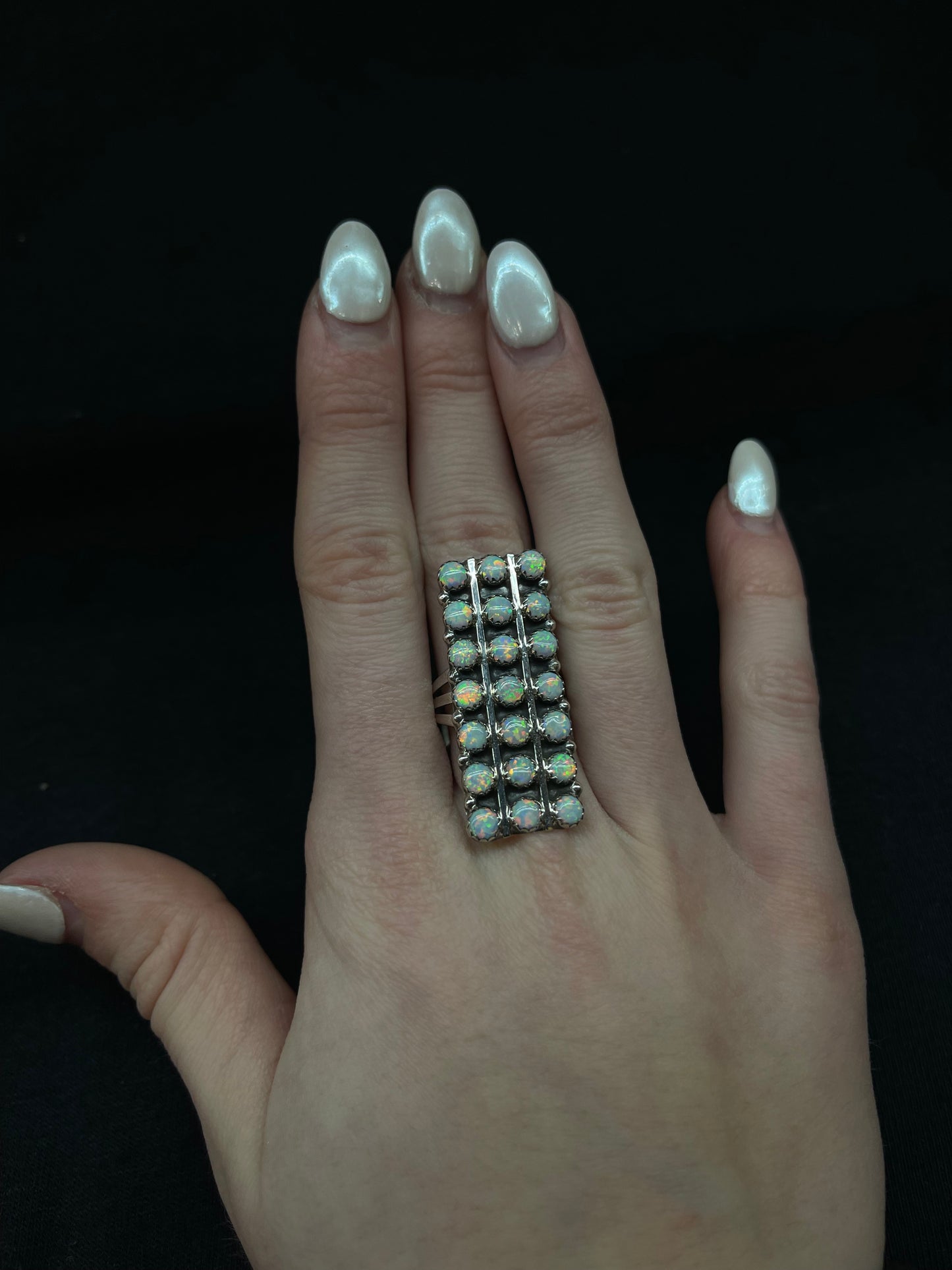 7.0 21 Stone White Opal Bar Ring by Kenny Lonjose, Zuni