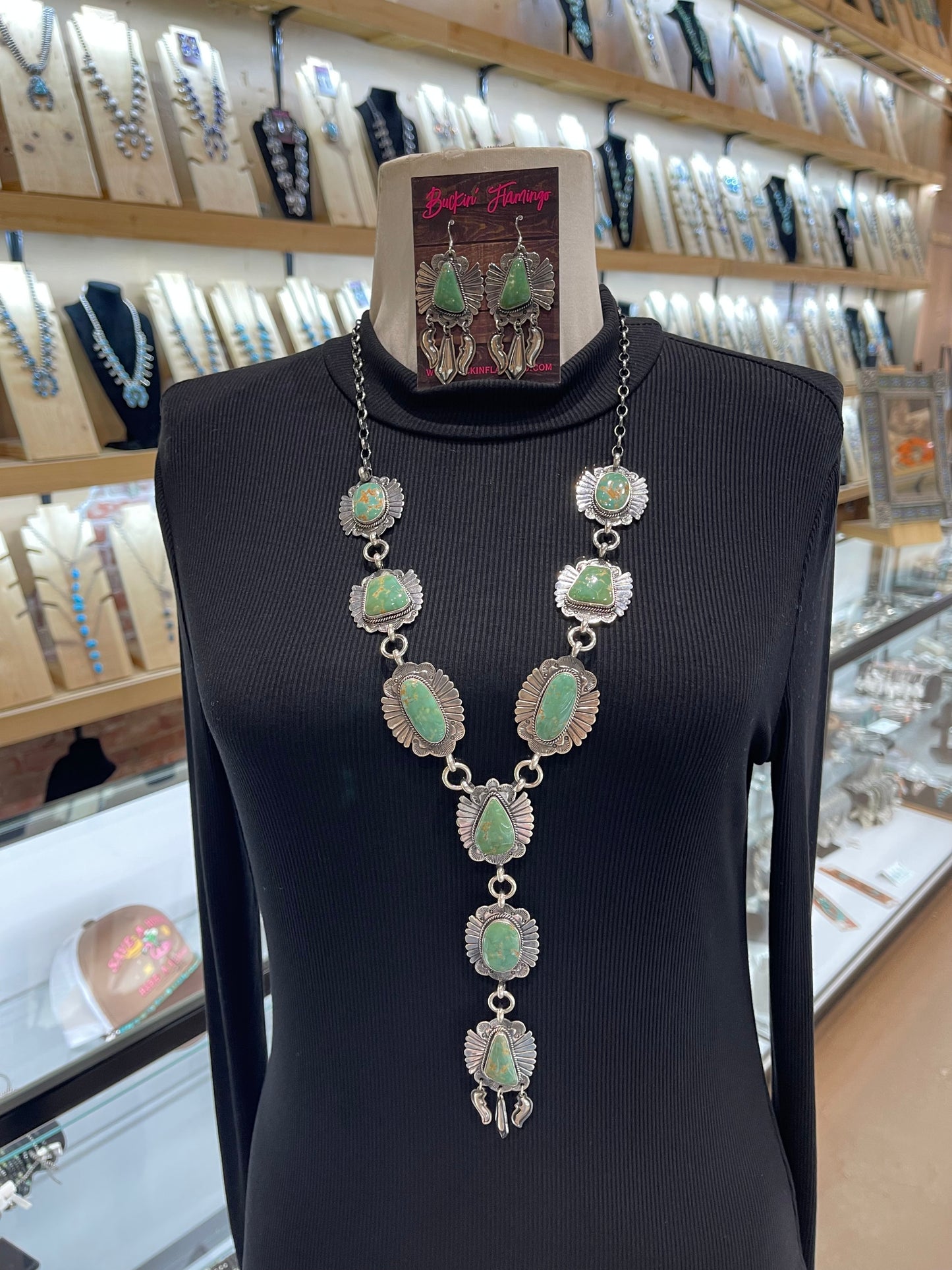 Royston Turquoise 20” + 6” Lariat Necklace & Earring Set by Delayne Reeves, Navajo