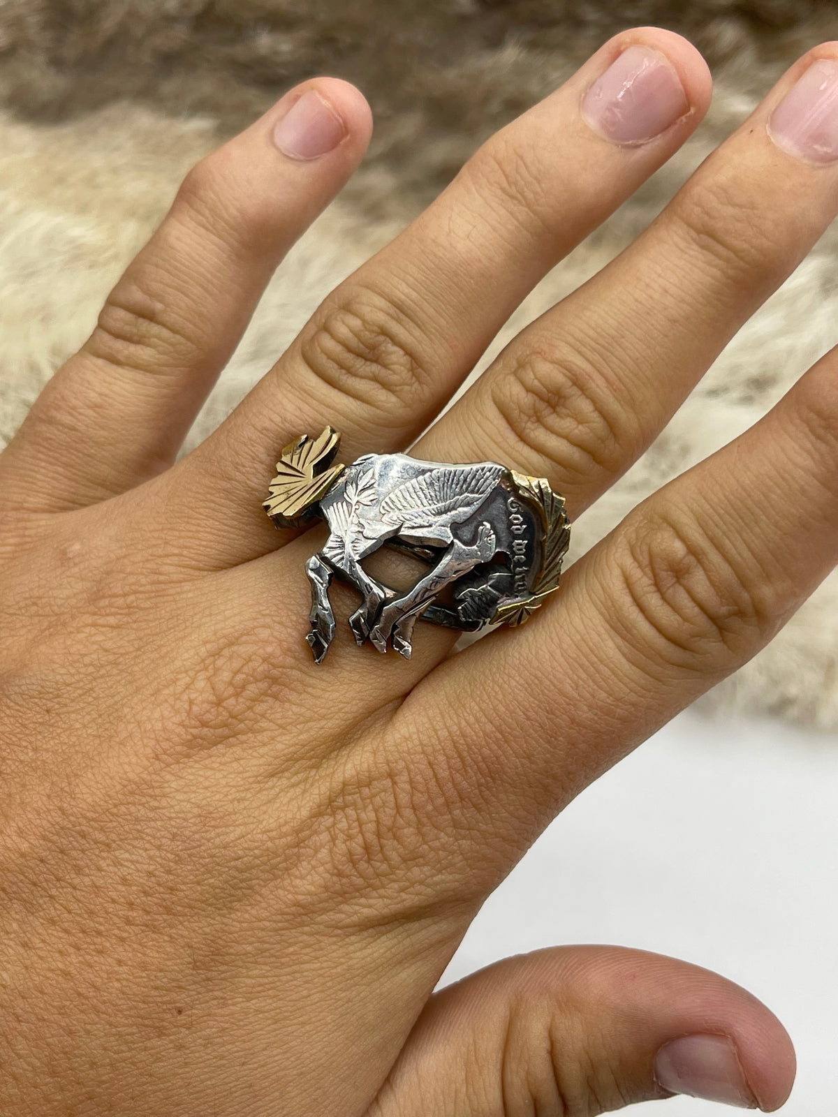 Adjustable 8.0-13.0 14k Gold Filled “In God We Trust” Bronc Riding Ring by Bad Bronc