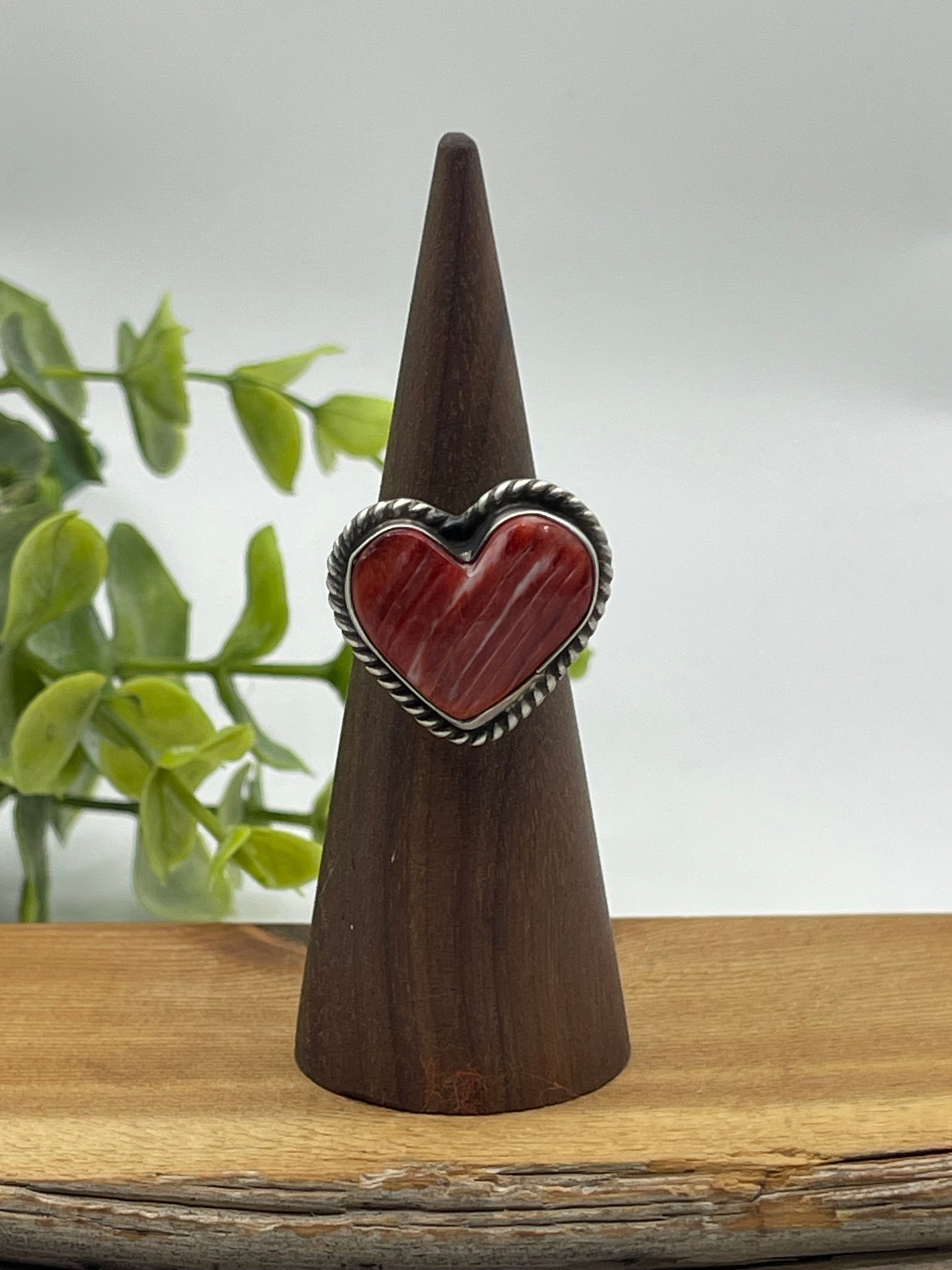 Red Spiny Oyster Heart Ring by Loretta Chee, Navajo