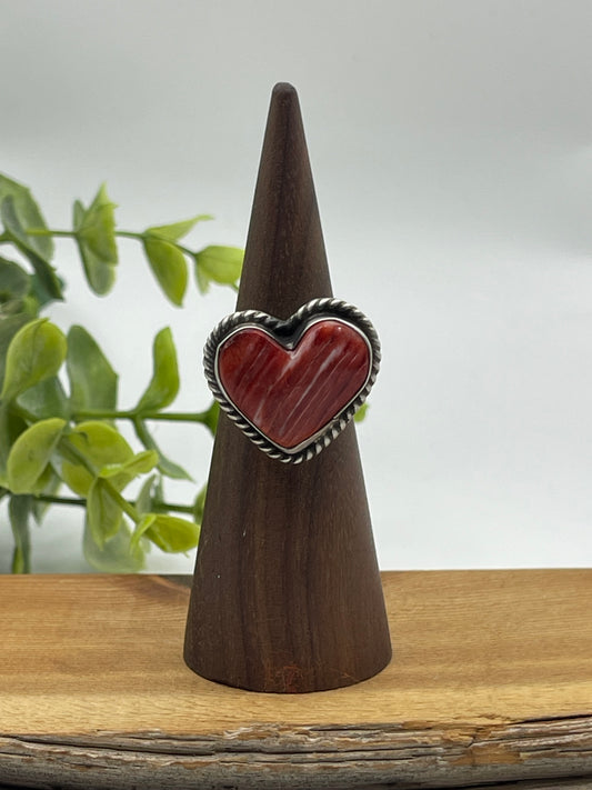 Red Spiny Oyster Heart Ring by Loretta Chee, Navajo