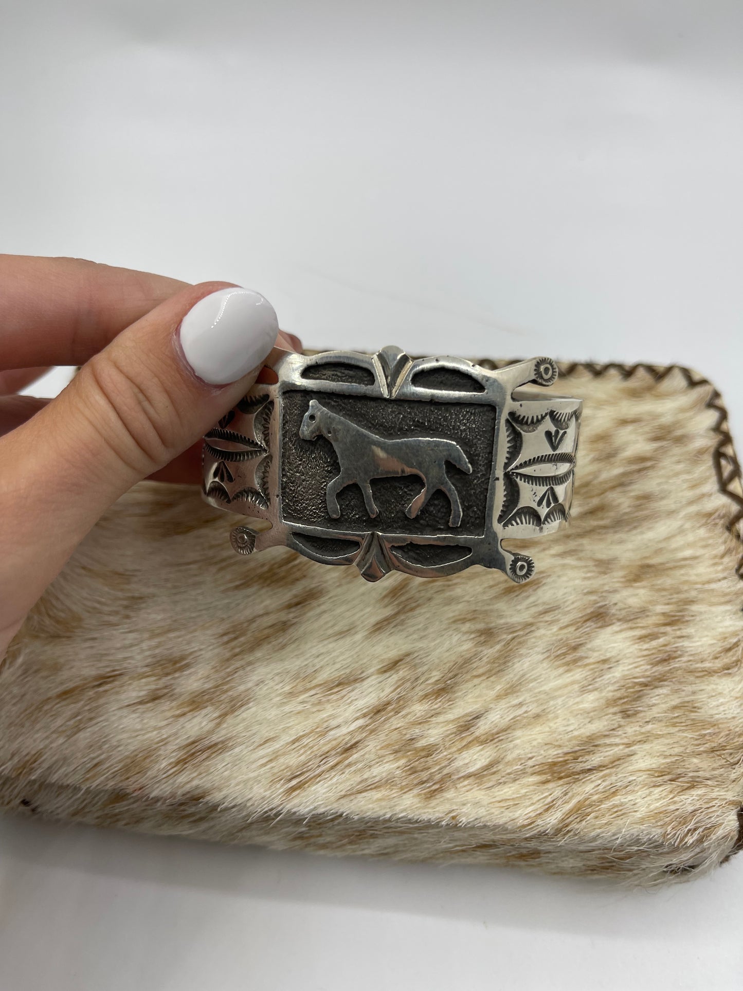 7" Heavy Silver Overlay Horse Cuff by Emerson Kinsel, Navajo