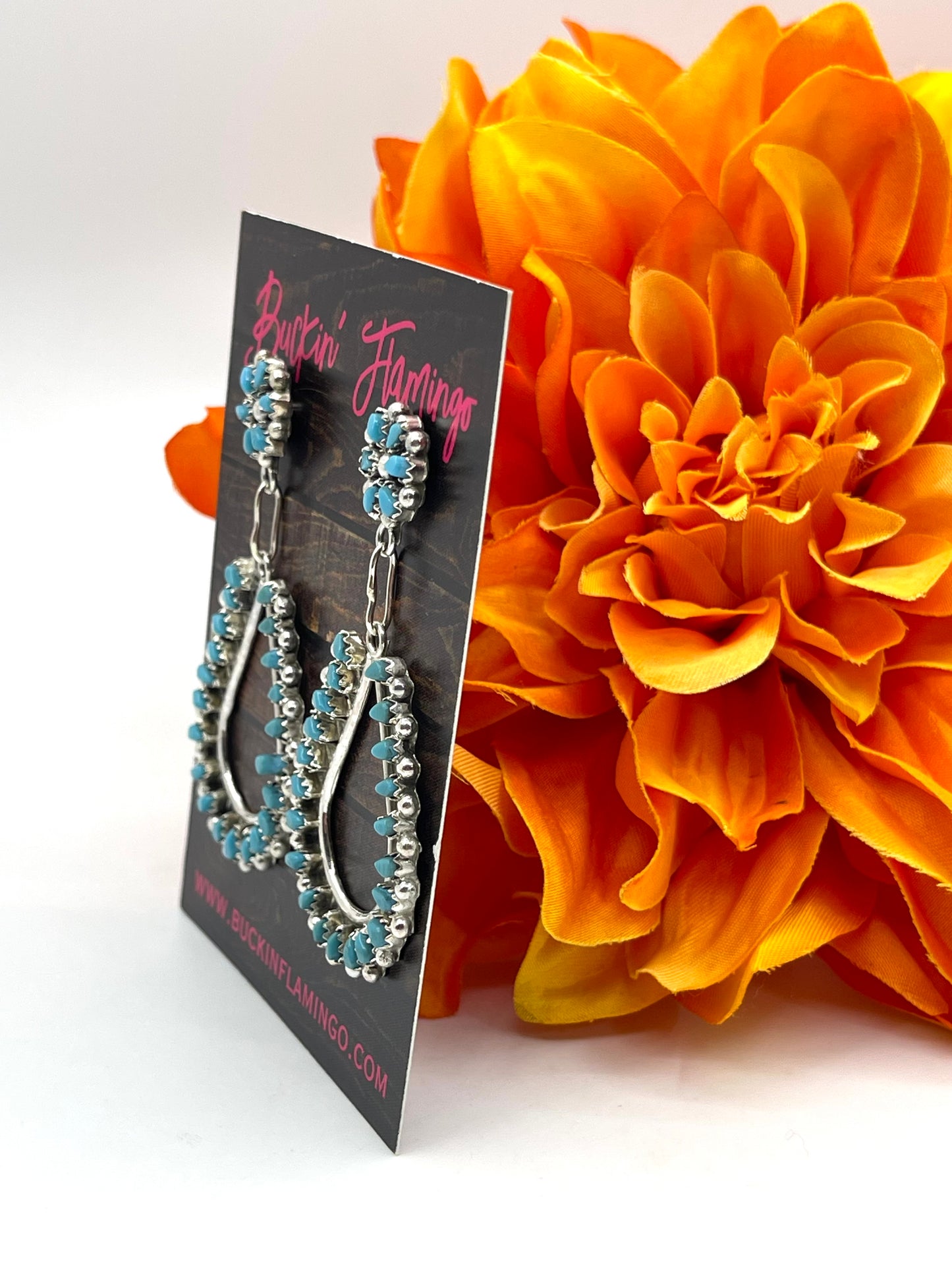 Zuni Needlepoint Turquoise Cluster Teardrop Dangle Earrings by Tricia Leekitty, Zuni