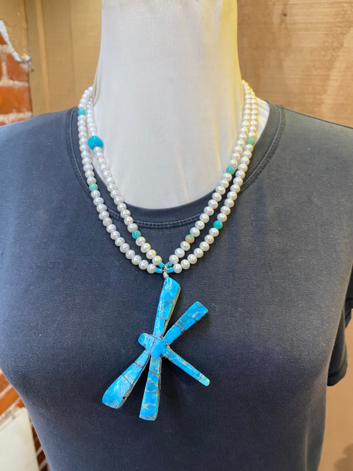 Reversible Dragonfly Fresh Water Pearls and Turquoise Necklace