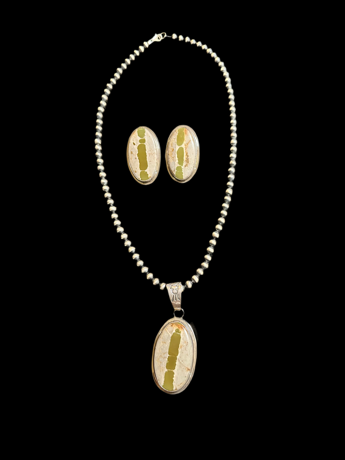 20” 6mm Boulder Ribbon Pendant & Navajo Pearls Necklace & Earrings set By Tommy Jackson, Navajo