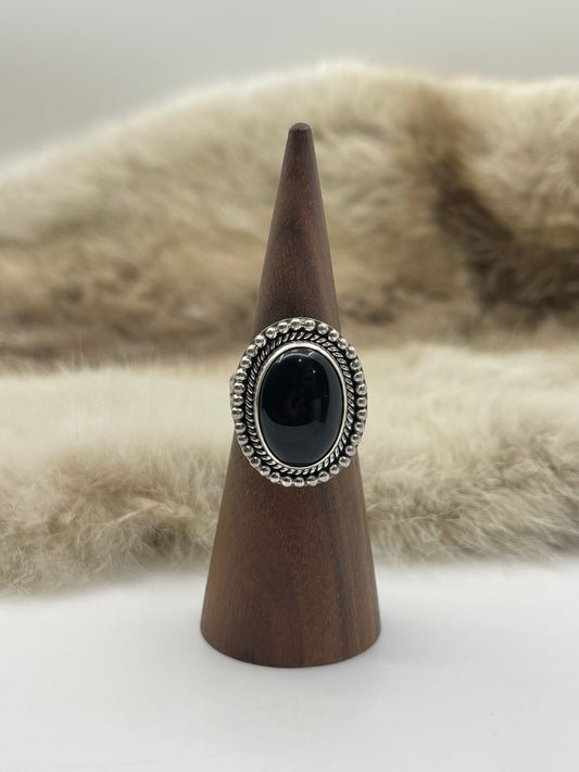 7.5 Black Onyx Oval Ring with Silver Border