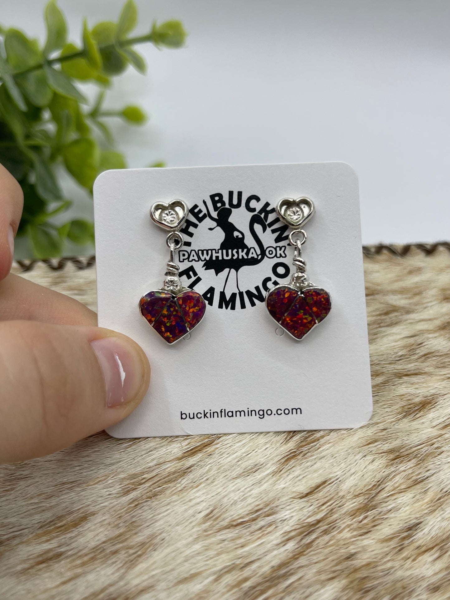 Dark Pink Opal Inlay Heart Dangle Earrings